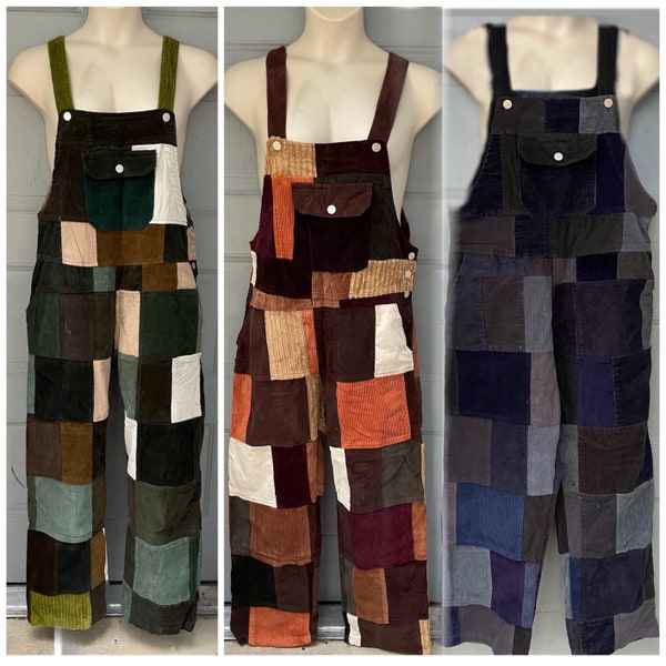 Patchwork Corduroy Blue and Tan Overalls