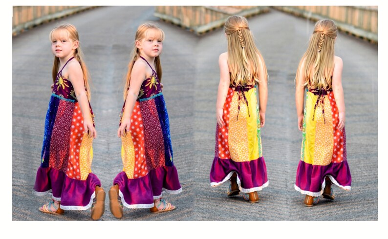 Girls Patchwork Hippie Rainbow Dress, spinner image 5