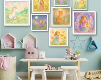 Forest Nursery Wall Art Set | Woodland Girl & Animals Prints | Pastel Storybook Decor | Whimsical Kids Room Digital Prints