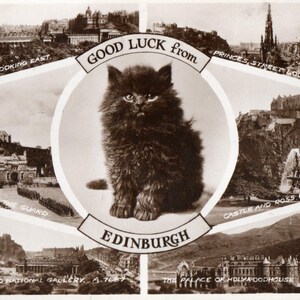 Vers 1950 Vraie carte postale avec photo, Chat noir et Édimbourg, Écosse