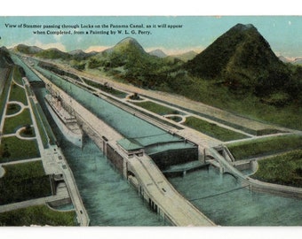 Two Vintage Postcard(s), Panama Canal, Perry Painting and RR Station Colon