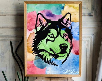 May include: A framed print of a wolf's head in a black silhouette with a green fill. The background is a watercolor wash of pink, blue, and yellow.