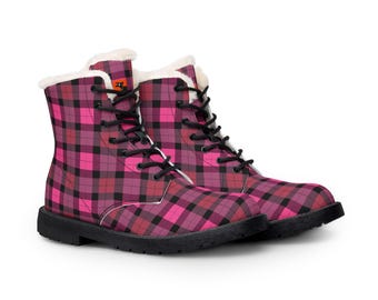 Pink And Mauve Plaid Streetwear Boots | Vegan Leather