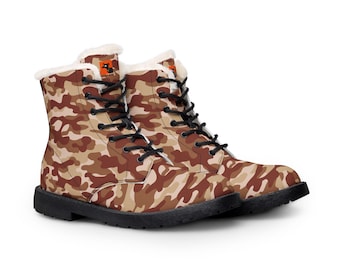 Desert Camo Fur-Lined Boots | Leather Combat Style Boots