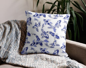 Deluxe Blue White Koi Fish Designer Cushion