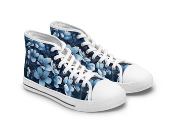 Blue And White Floral High Top Sneakers | Botanical Pattern Shoes