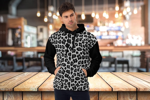 Hoodie Animal Print Pulli Trendy Snow Leopard Hoodie: Unisex Black