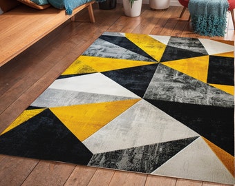 Geometrischer Teppich in Schwarz & Gelb: Moderner Art Deco Teppich