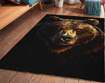 Grizzly Bear Portrait Rug: Wildlife Art Deco Polyester Carpet