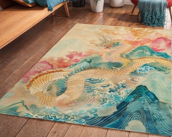 Tibetan Dragon Art Deco Area Rug: Golden Living Room Carpet
