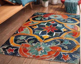 Marokkaans tegelvloerkleed: kleurrijk art-deco polyester chenilletapijt