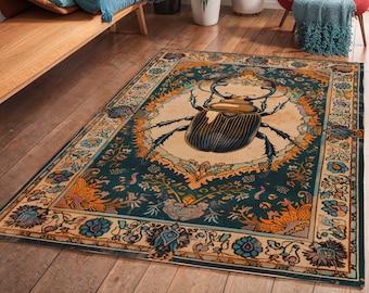 Rustic Beetle Area Rug, Vintage Vibe Living Room Floor Carpet, Persian Kitchen Art Deco Rug, Insect Lover Room Decor, Housewarming Gift