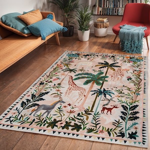 Dschungeltiere Teppich, Kinder Schlafzimmer Art-Deco-Teppich, Safari Vibe Wohnzimmer Bodenteppich, Tierliebhaber Geschenke, Tropischer Raumbereich