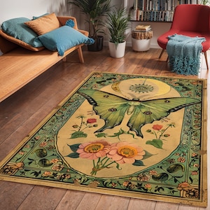 Floral Luna Moth Area Rug: Cottagecore Butterfly Art Deco Carpet