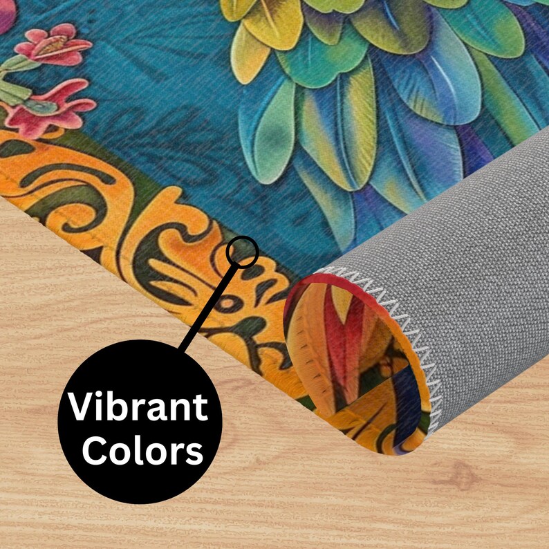 May include: A colorful rug with a vibrant parrot design. The rug has a fringed edge and a gray backing.