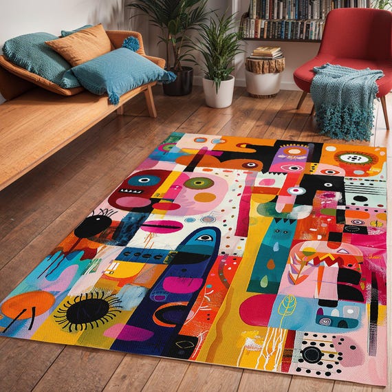 Abstract Art Area Rug: Modern Colorful Kids Playroom Carpet