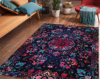Bohemian Persian Area Rug: Dark Floral Art Deco Polyester Chenille