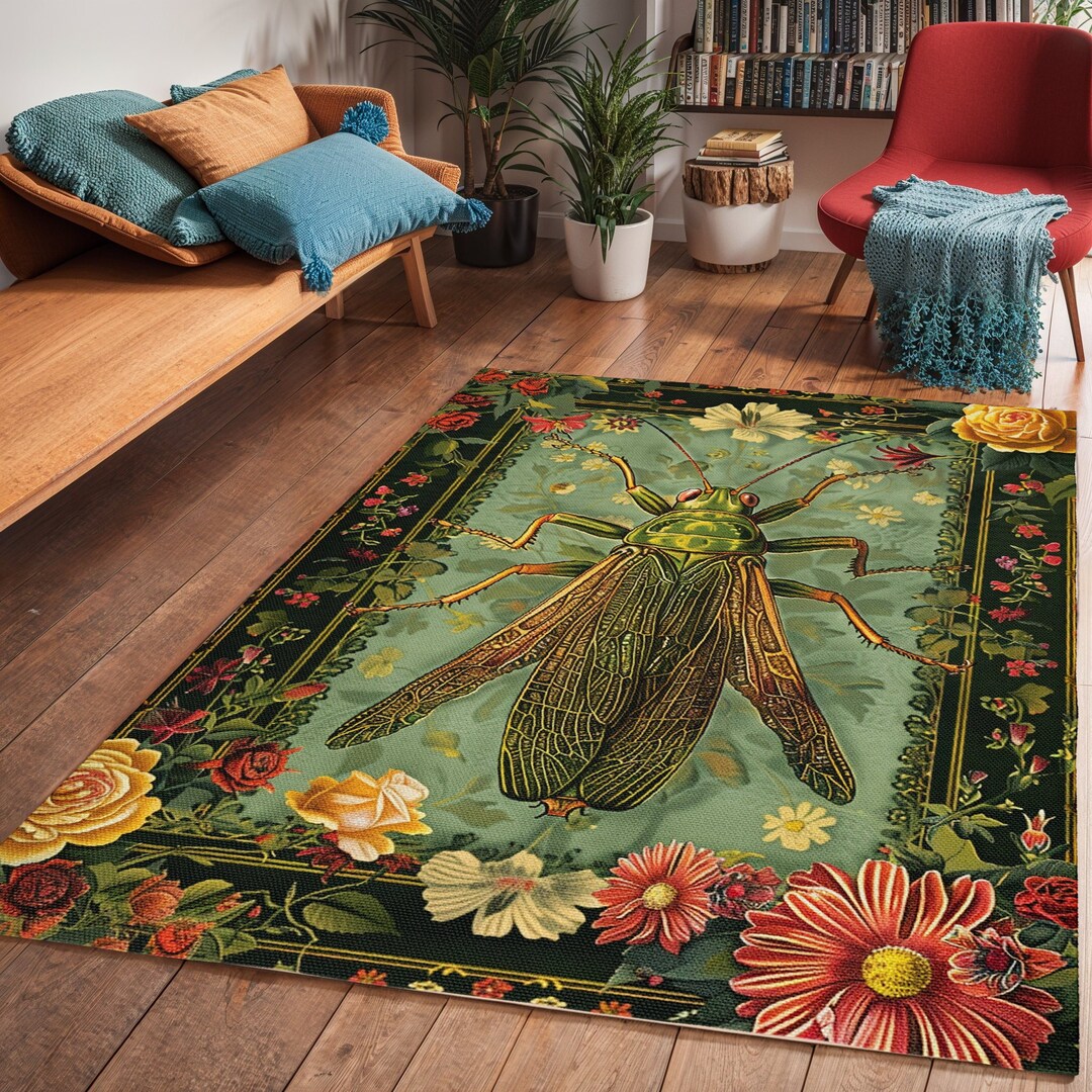 Floral Grasshopper Art Deco Rug: Cottagecore Insect Decor - Etsy