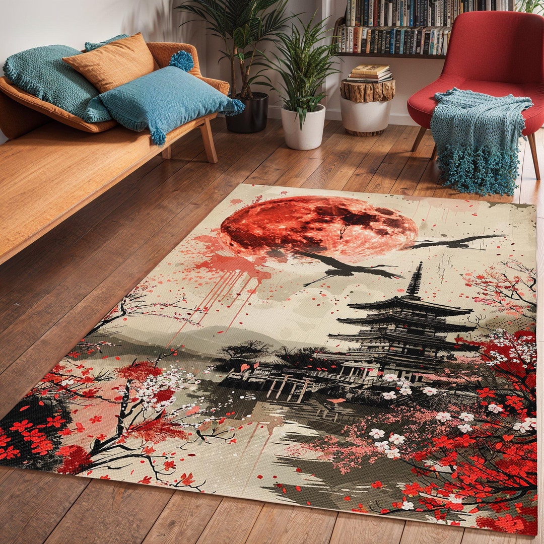 Japanese Temple Area Rug, Zen Vibe Bedroom Carpet, Living Room Art Deco ...