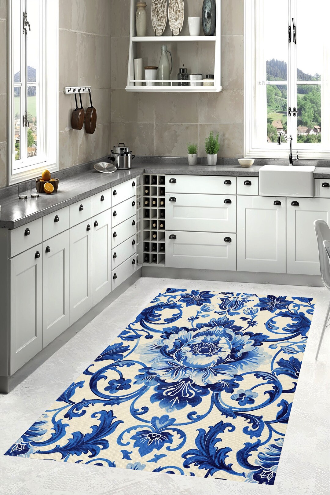 Blue Porcelain Rug Blue and White Porcelain Inspired Area Rug: Art Deco Washable Carpet - Etsy