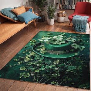 St Patrick&#39;s Hat Area Rugs, St Patrick&#39;s Day Floor Decor, Shamrock Rug, Irish Home Decor, Leprechaun Hat Carpet, Green Clover Mat