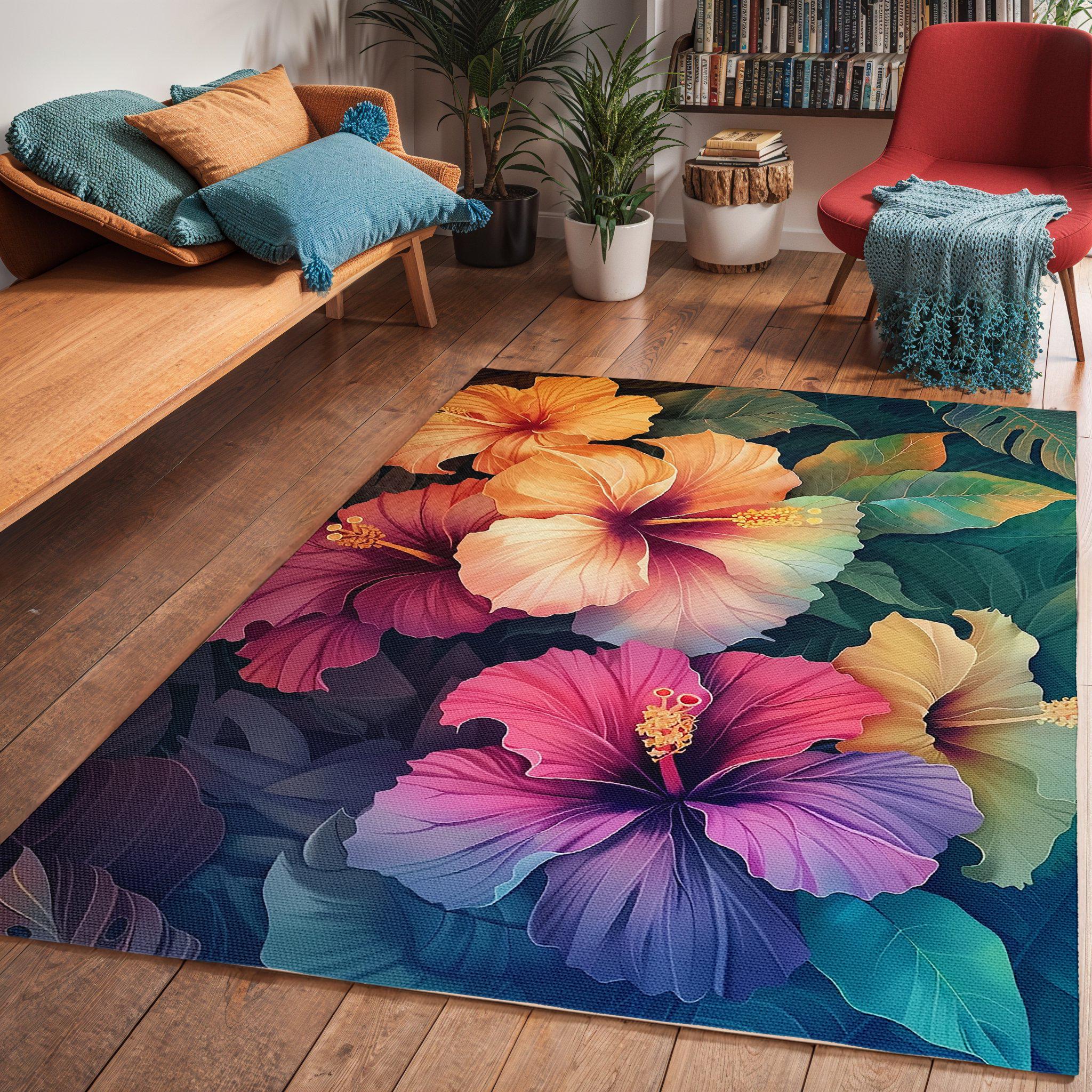 【60's Vintage rug】183×118cm　トルクメン族　アリホジャ Tropical Hibiscus Art Area Rug: Colorful Art Deco Floor Carpet - Etsy