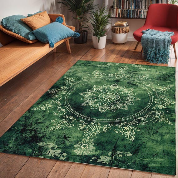 Boho Muted Green Area Rug: Modern Persian Art Deco Style