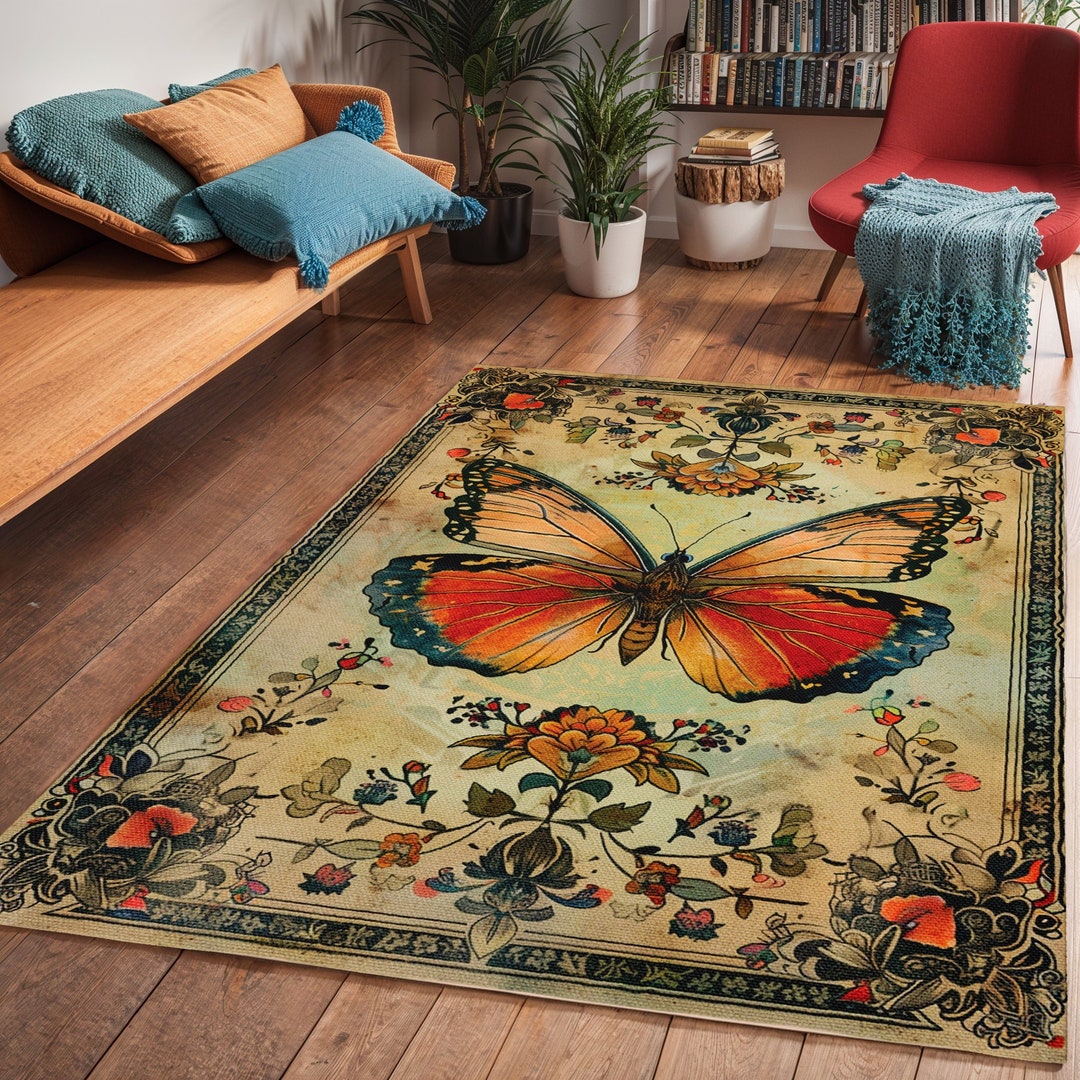 Butterfly Art Area Rug: Cottagecore Vintage Vibe Polyester Chenille - Etsy