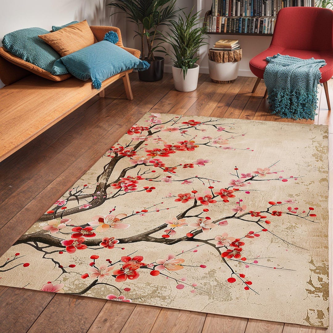 Sakura Rug Sakura Blossom Area Rug: Japanese Floral Living Room Decor - Etsy