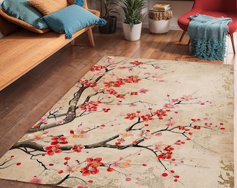 Sakura Blossom Area Rug: Japanese Floral Living Room Decor