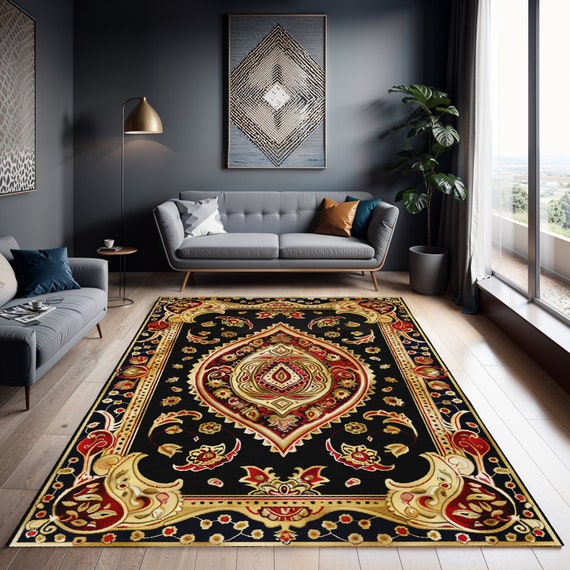 Golden Persian Area Rug: Luxury Chenille Handmade Carpet