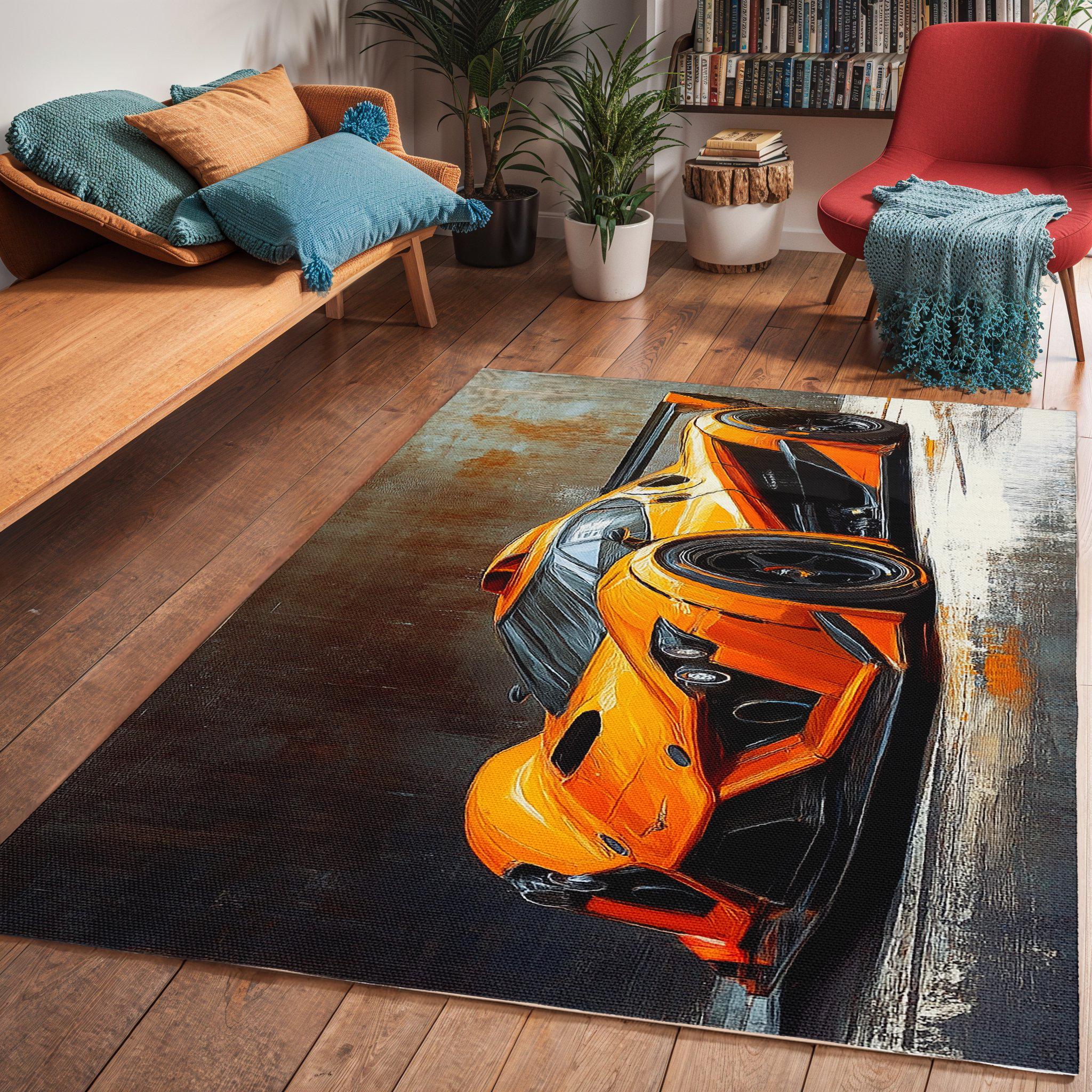 Race Car Area Rug: Orange Kids Playroom Carpet
