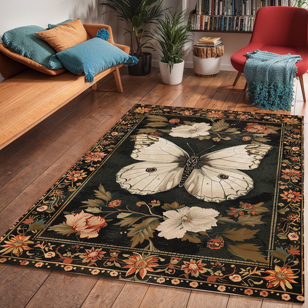 Cottagecore Cabbage White Butterfly Area Rug, Vintage Floral Living ...