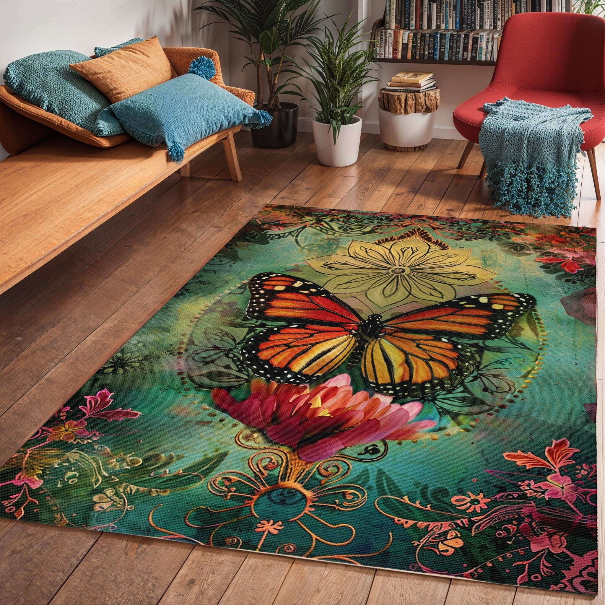 Red Monarch Butterfly Area Rug: Floral Art Deco Polyester Carpet
