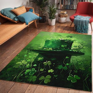 Green Magic Hat St Patrick&#39;s Day Area Rug, Lucky Charm Room Decor, Festive Floor Mat, Irish Celebration Accent Carpet, Shamrock Home