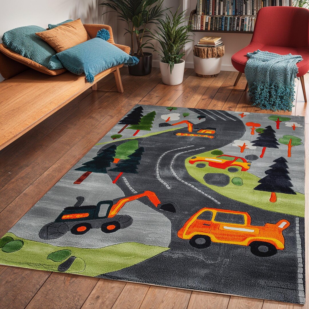 Vehicle Rug Kids Construction Vehicle Rug: Modern Playroom Carpet - Etsy