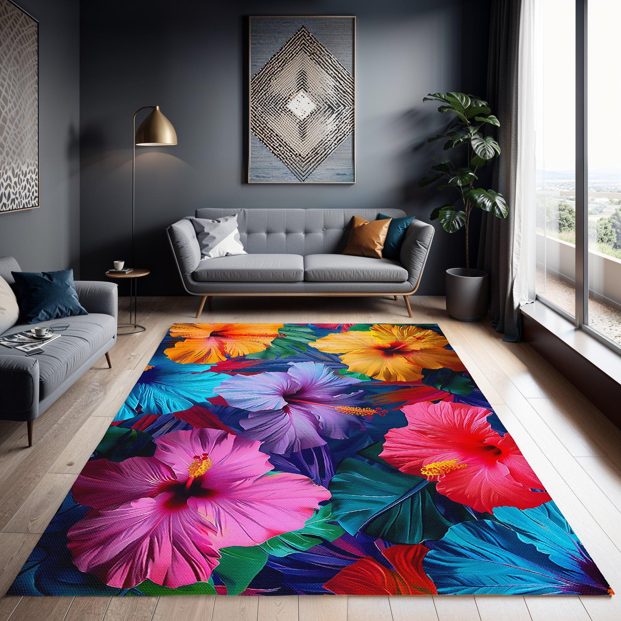 Hibiscus Rug Tropical Hibiscus Floral Area Rug: Colorful Art Deco Floor Decor - Etsy