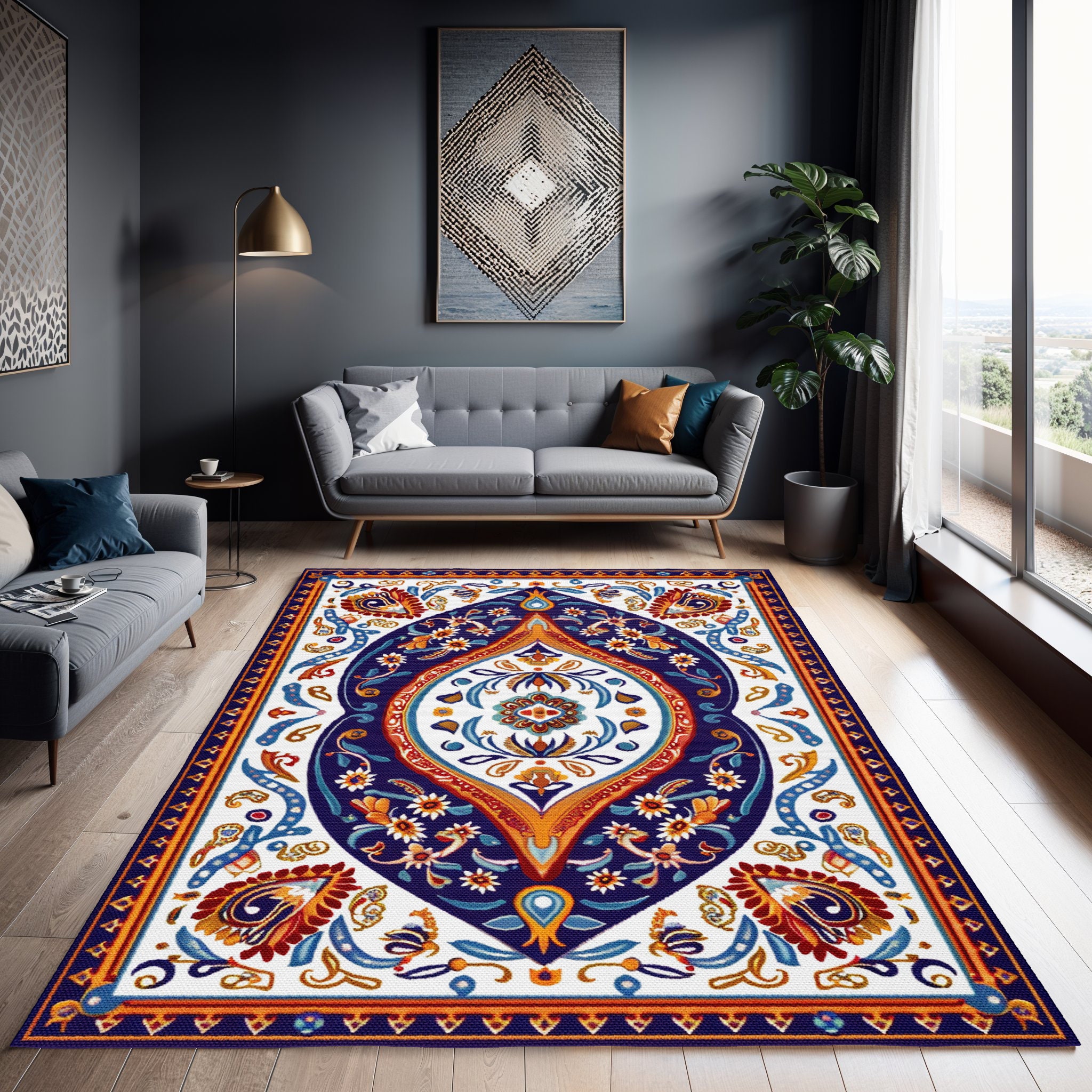 ペイズリー柄ペルシャラグ：カラフルなシェニール織りのリビングルーム