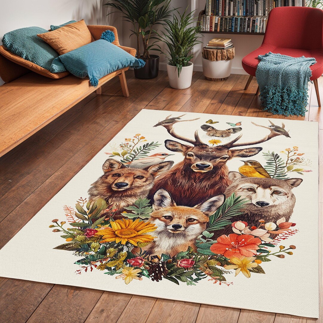 Animals Abstract Rug Kids Wild Animal Jungle Art Area Rug, Aesthetic Playroom Art Deco Rug ...
