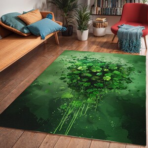 Clover St Patrick&#39;s Day Area Rug, Contemporary Living Room Carpet, Green, Shamrock Floral Decoration, Home Decor Accent, Floor Mat