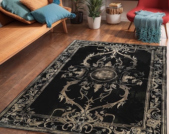 Black Gothic Area Rug: Victorian Art Deco Chenille Carpet