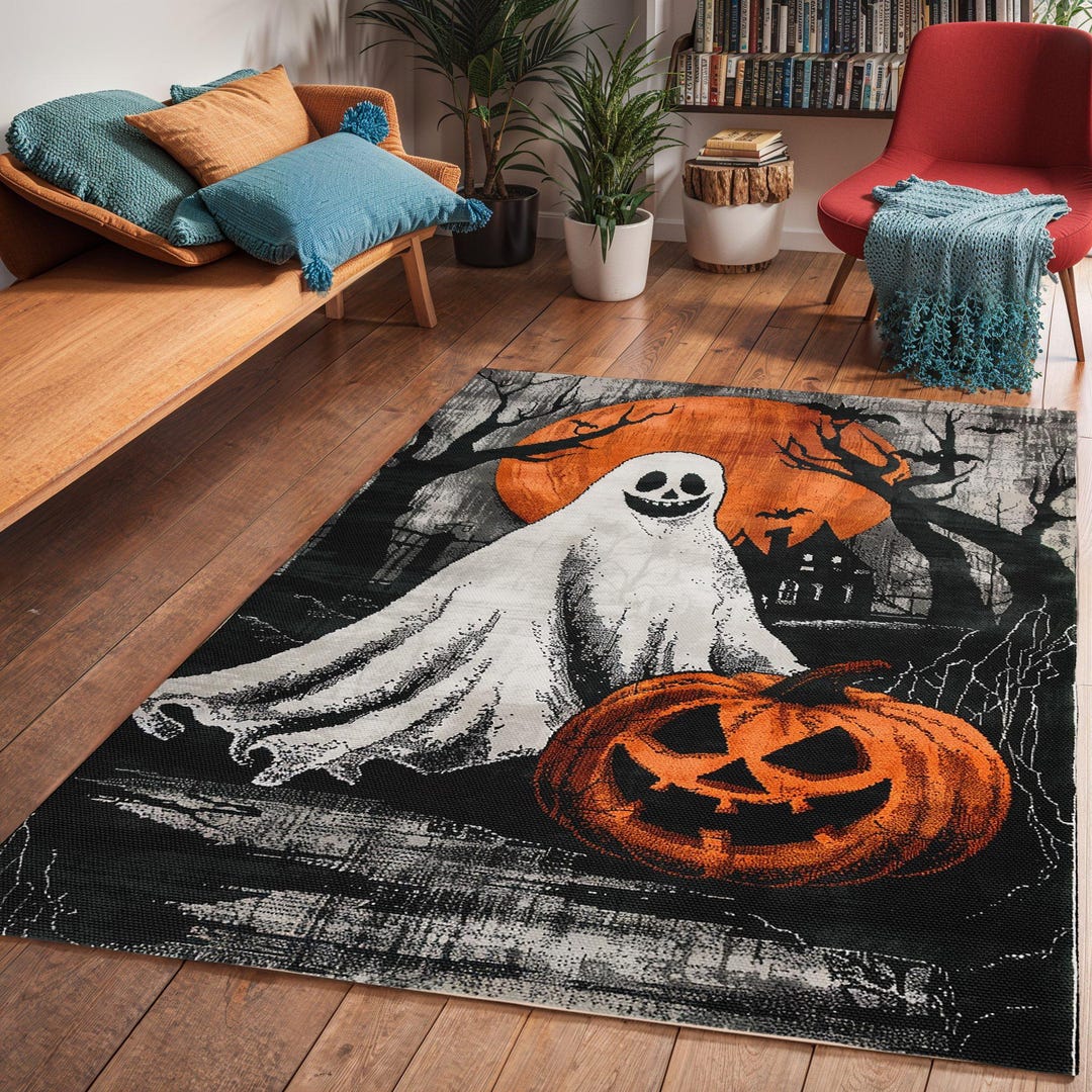 Spooky Rug Texture Spooky Ghost & Pumpkin Halloween Area Rug: Art Deco Polyester Carpet - Etsy