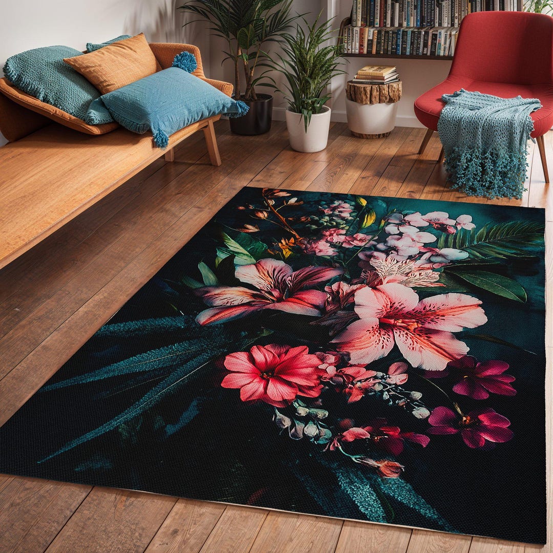 Hibiscus Floral Area Rugs, Tropical Flower Rug, Botanical Home Decor ...