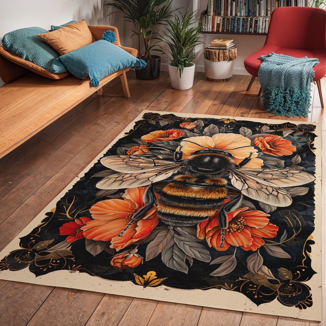 Dark Cottagecore Bee Area Rug, Insect Kitchen Floor Art Deco Rug ...