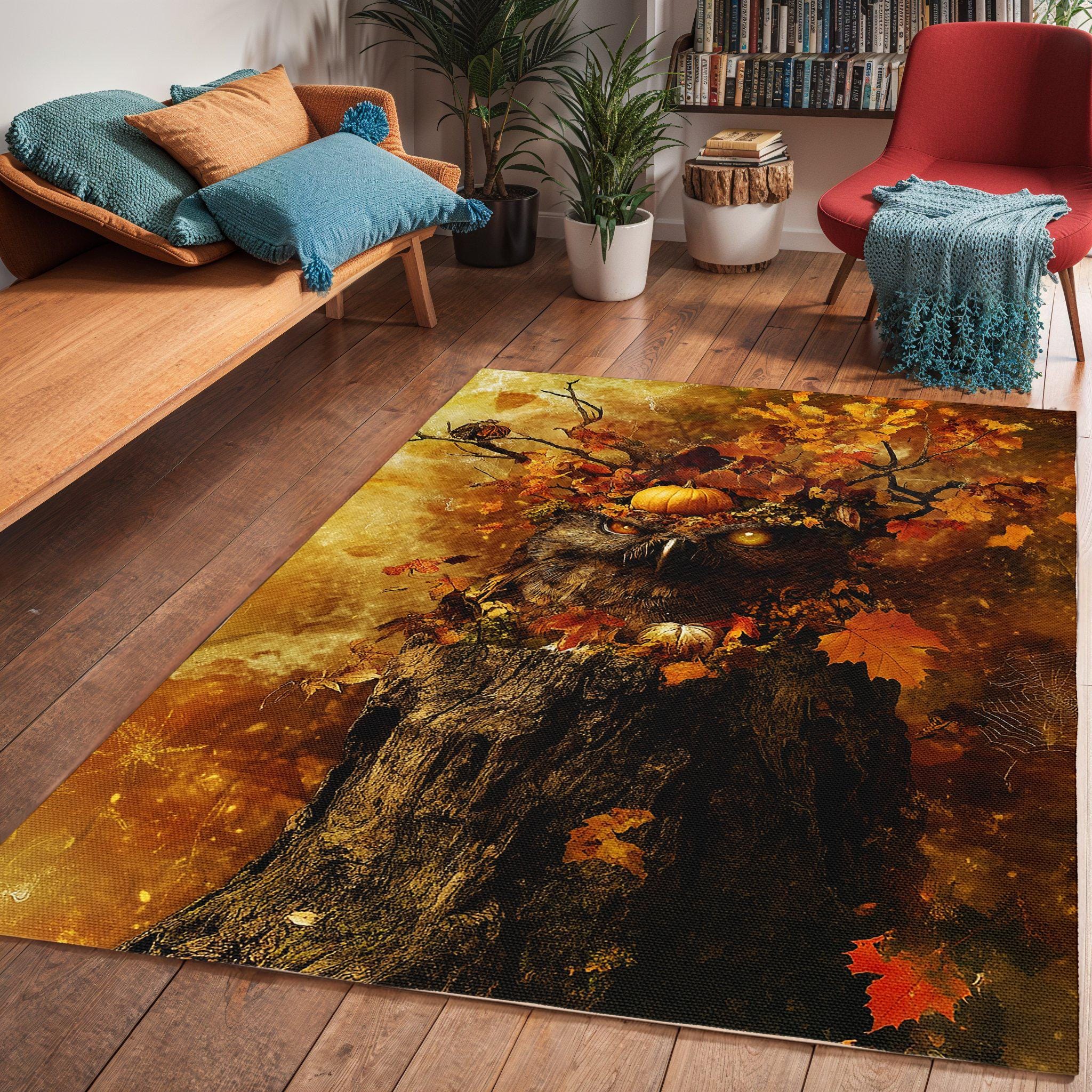Owl Halloween Autumn Fusion Art Area Rug - Area Rug, Home Decor, Floor Mat, Bedroom Rug, Living Room