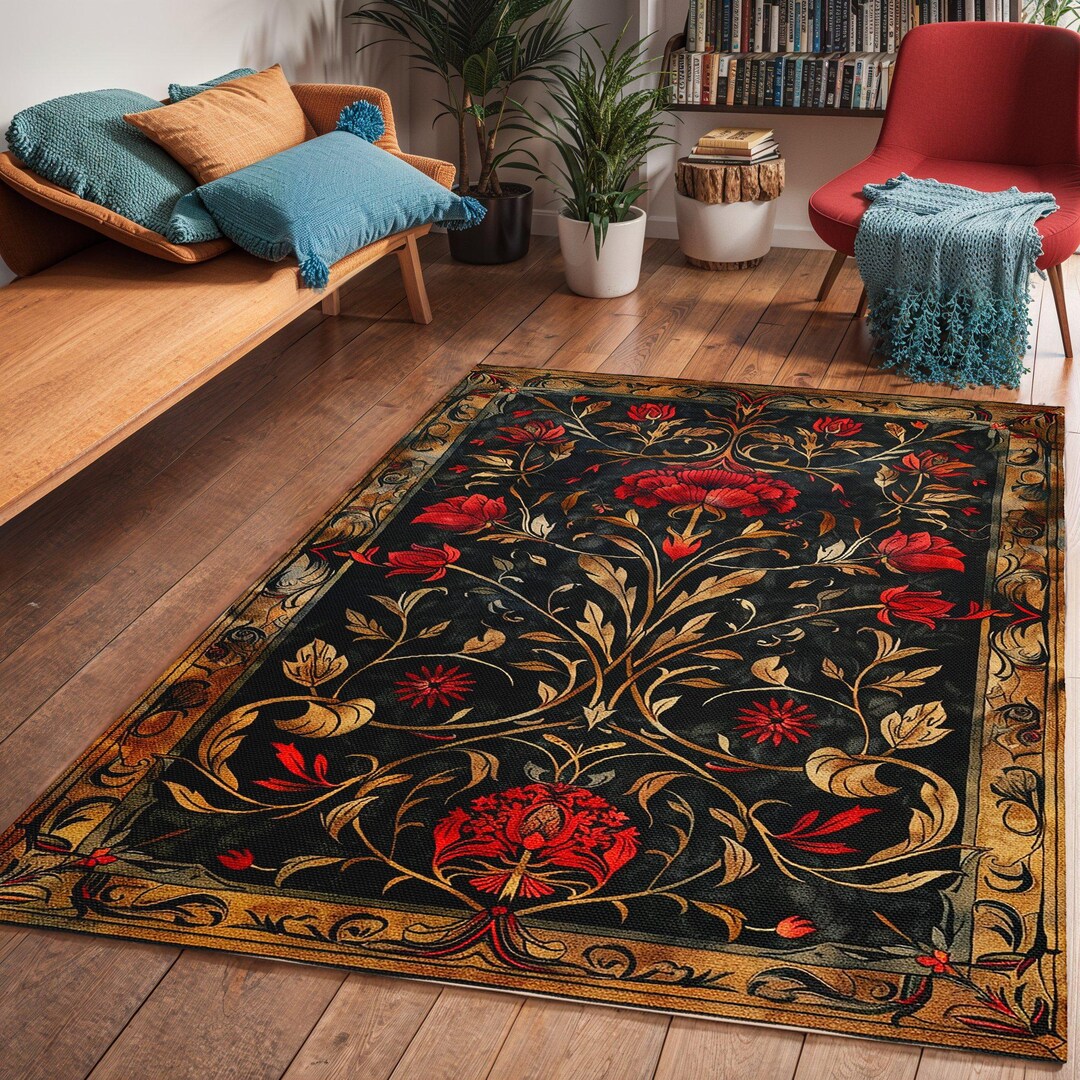 Red Rose Floral Area Rug: Vintage Art Deco Style - Etsy