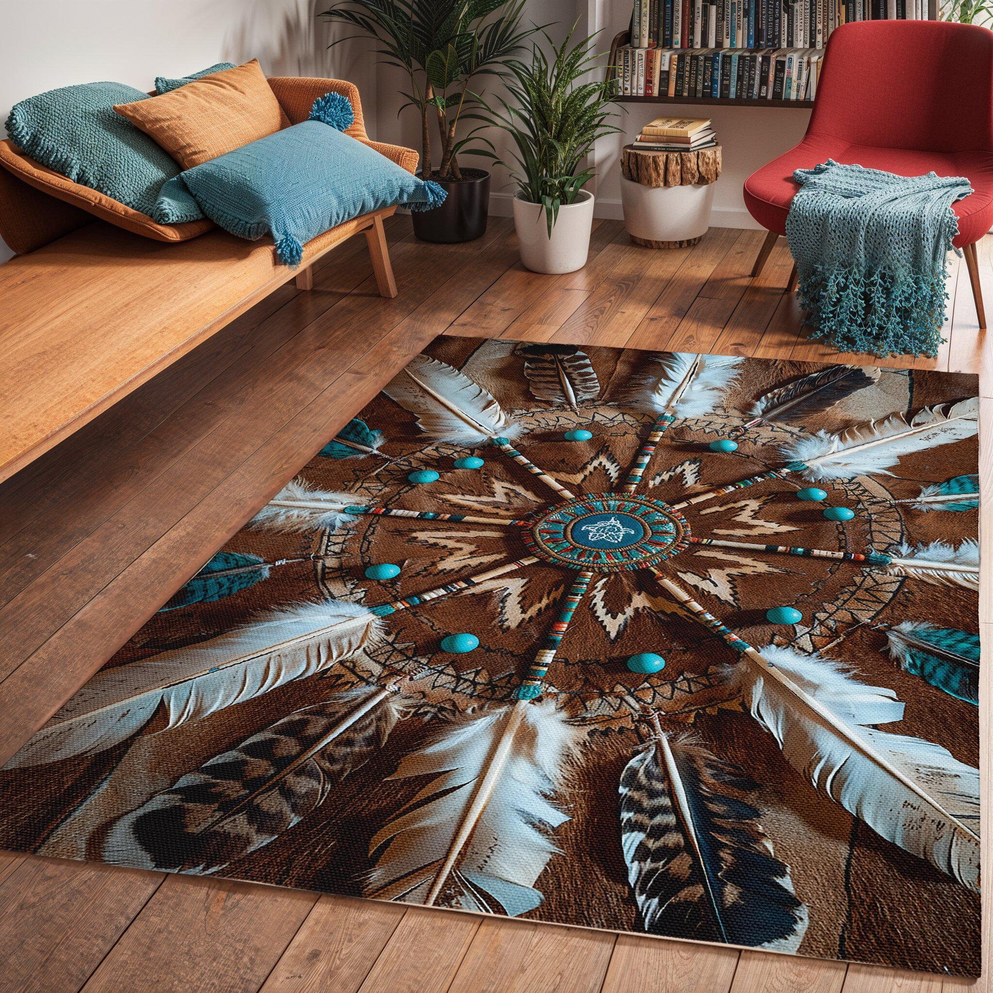 Native Feathers Art Area Rug: Tribal Living Room Decor