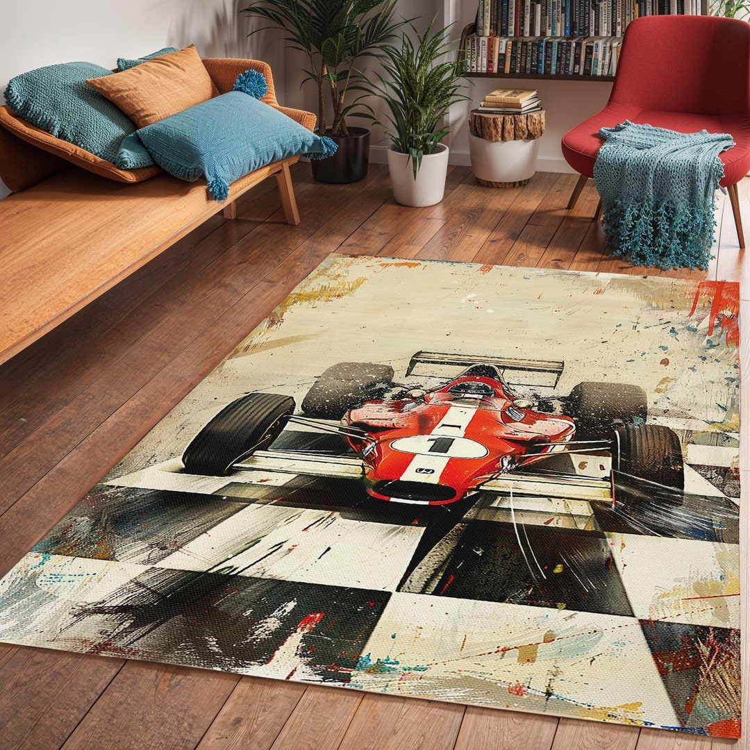 Race Car Area Rug: Checkered Flag Art Deco Floor Decor - Etsy