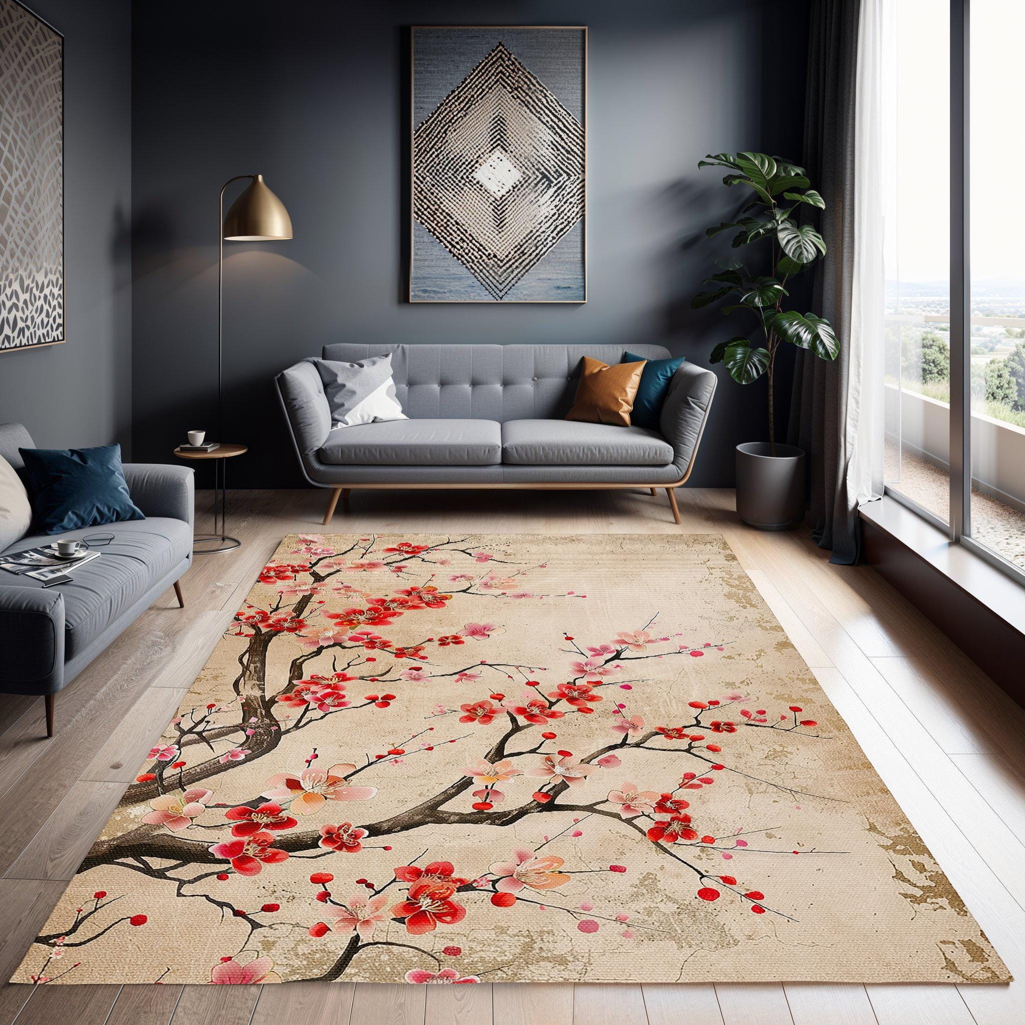 Tapis De Salon 80x150 Cm Motif Sakura Cerisier - Dos Antidérapant, Lavable En Machine, Doux Et Durable - Pour Salle à Manger, Bureau