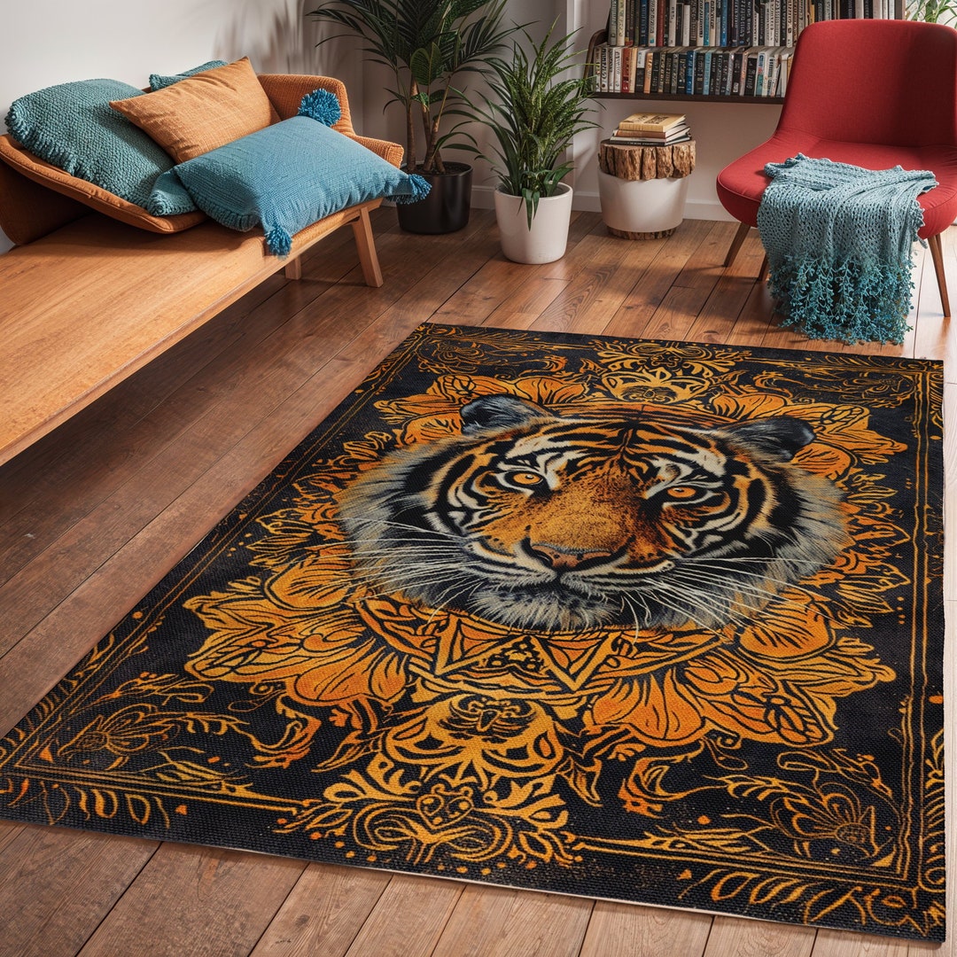 Rustic Tiger Head Area Rug, Bedroom Rustic Safari Vibe Carpet ...